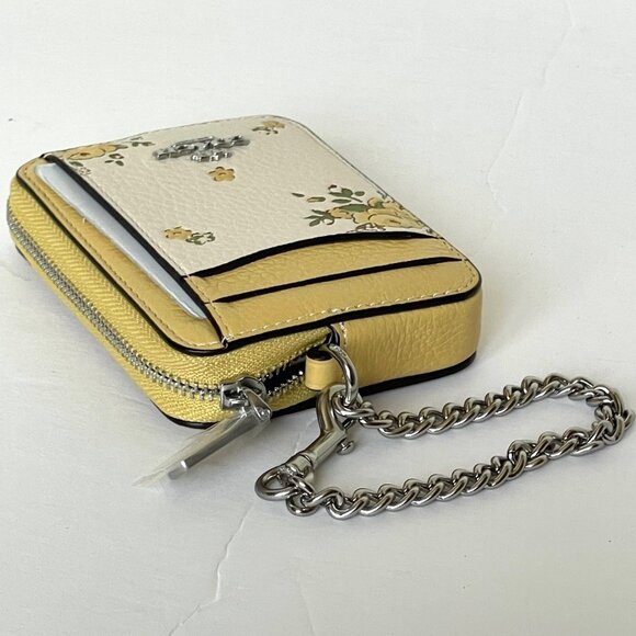 Coach Floral Zip Card Case CAU44 ID Wallet Yellow Leather Chain Strap ORGPKG - Picture 6 of 7